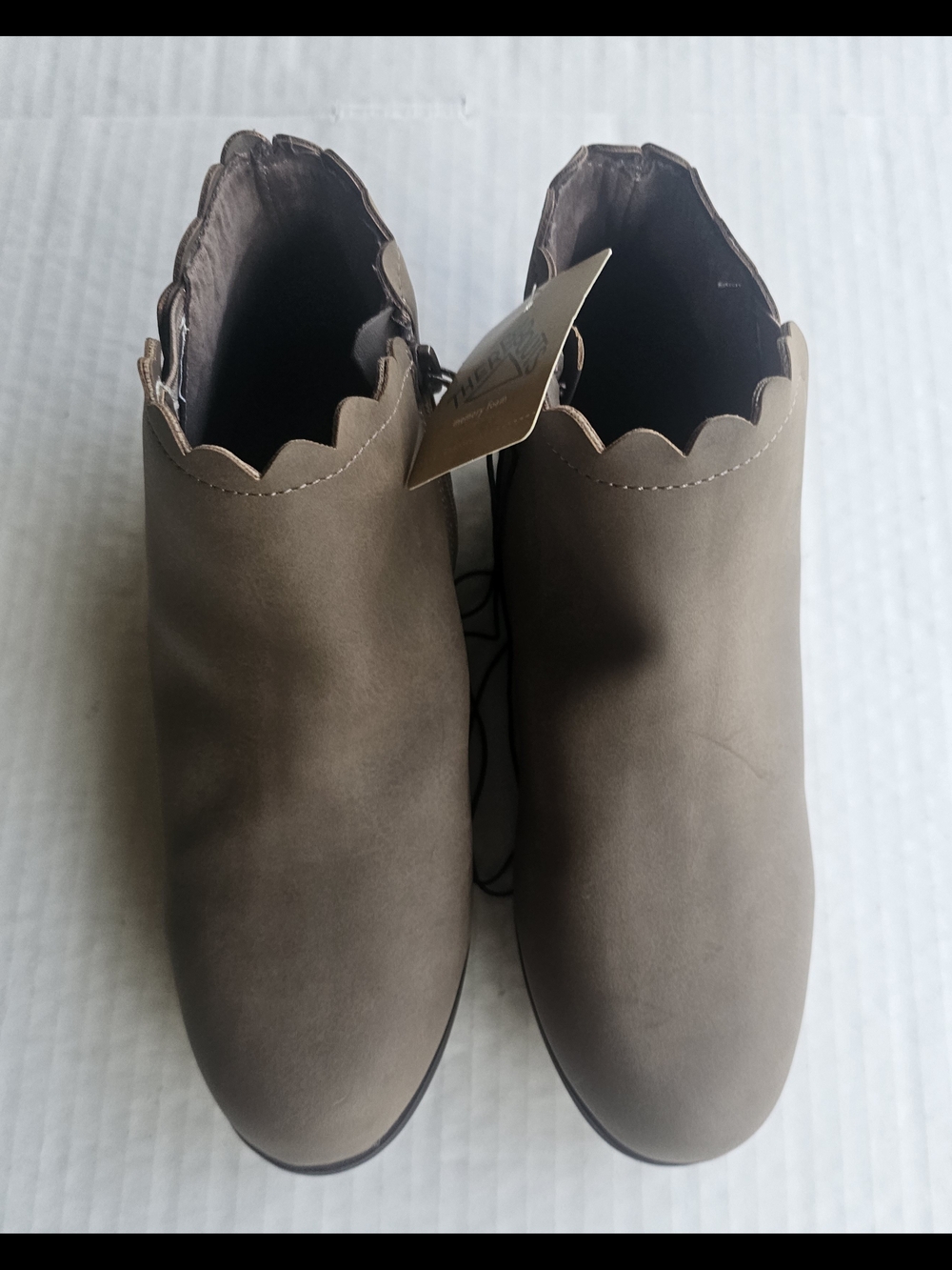 Women’s Scalloped-Edge Ankle Booties in Taupe